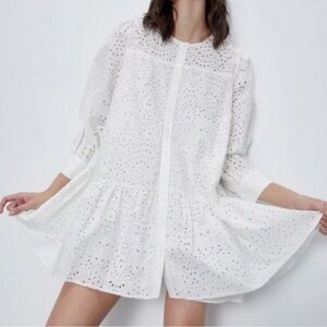 Zara White Eyelet Button-Up Dress/Cover-up/Jacket SZ XL